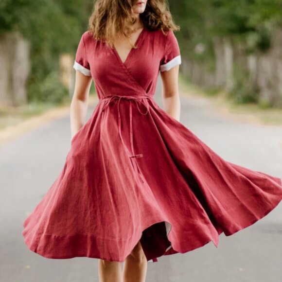 Son de Flor Short Sleeve Wrap Dress Marsala Red - Picture 1 of 1
